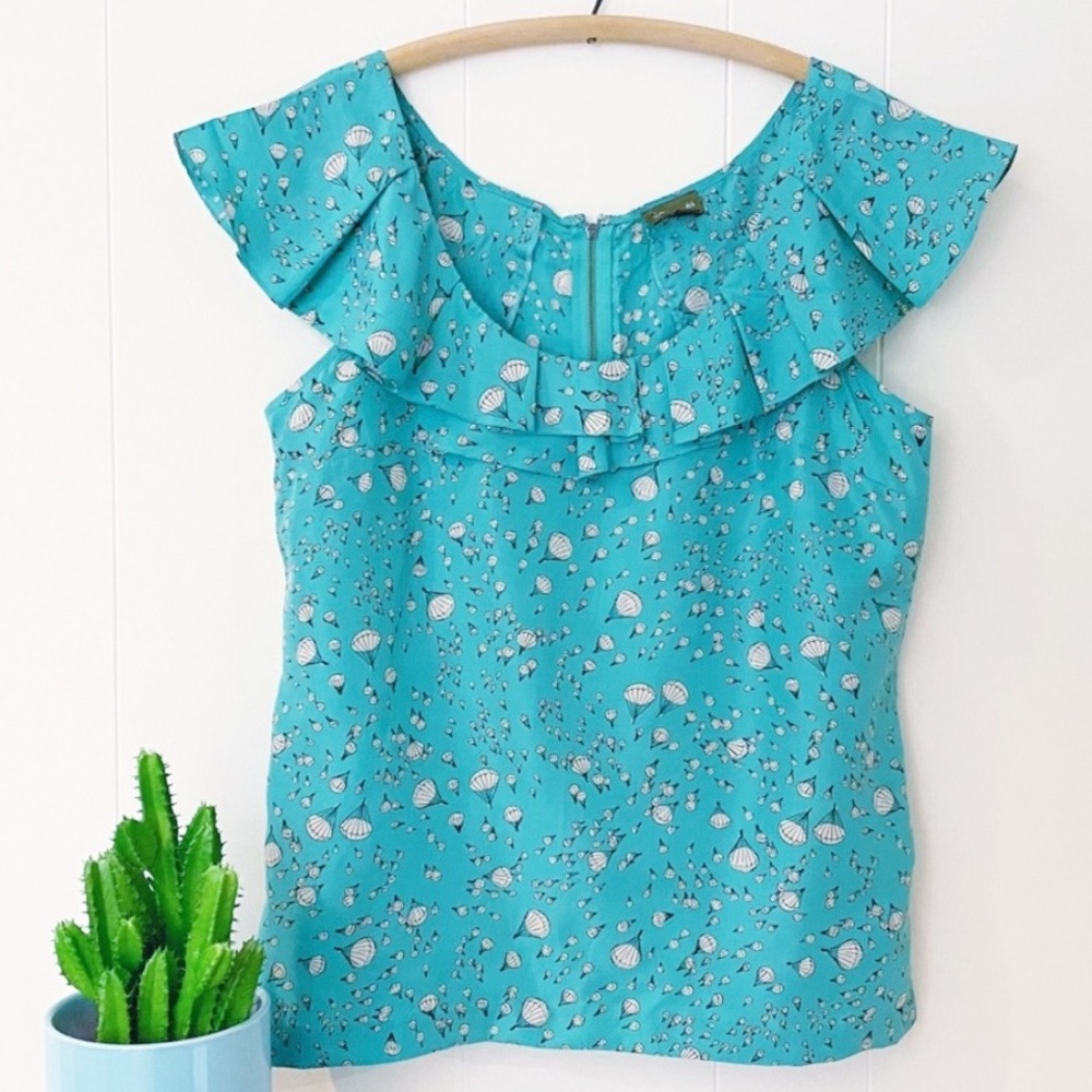 ❌SOLD❌ DO NOT BUY🚫Anthro 100% Silk Aqua Hot Air Balloon Whimsical Print Blouse